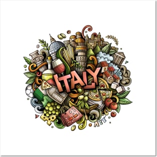 Italy detailed lettering cartoon illustration Posters and Art